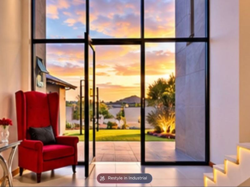 Elegant entrance hall featuring a striking floor-to-ceiling glass door, illuminated staircase, and seamless transition to the outdoor garden area.