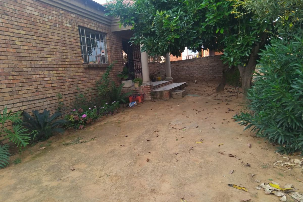 Rear exterior view of a face brick house featuring a small concrete patio area and an unpaved garden space with mature trees.