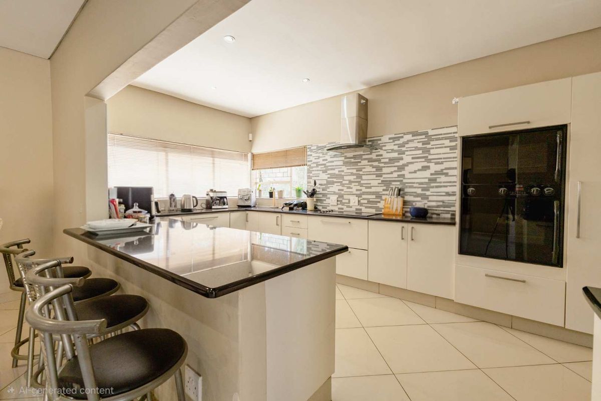 Modern kitchen featuring granite countertops, a breakfast bar, built-in oven, stainless steel extractor fan, and a stylish mosaic tile backsplash.