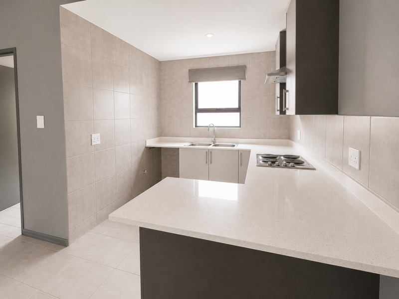 Modern kitchen featuring sleek quartz countertops, built-in electric hob, stainless steel sink, and ample cabinetry with neutral tiled finishes.