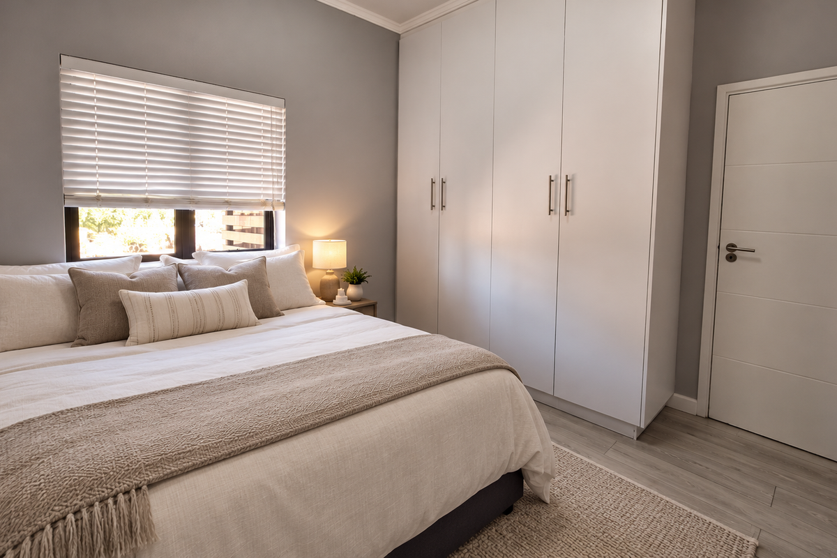 A well-maintained bedroom featuring built-in white cupboards, light laminate flooring, and a window fitted with venetian blinds.