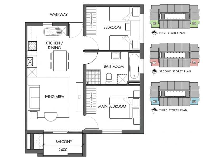 A detailed floor plan showing the layout of a two-bedroom apartment, including kitchen, living area, bathroom, and balcony, with building-wide storey plans.
