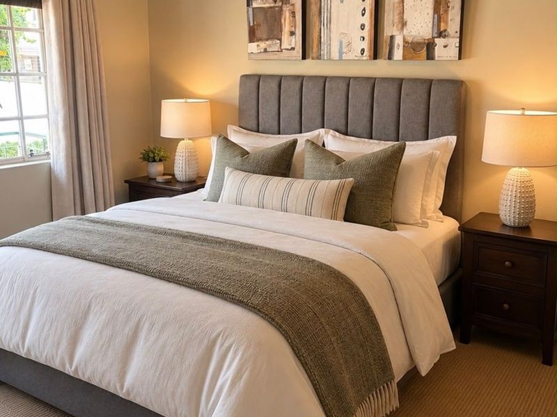 A well-maintained bedroom featuring a vaulted ceiling, neutral carpeting, and a multi-pane window providing natural light.