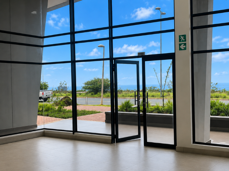 Modern, spacious entrance area featuring floor-to-ceiling glass walls, tiled flooring, and a suspended ceiling, offering clear views of the exterior surroundings.