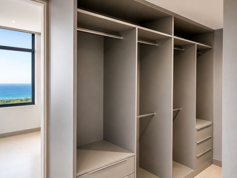 A modern bedroom featuring a spacious built-in wardrobe with integrated shelving and drawers, complemented by a large window offering scenic ocean views.