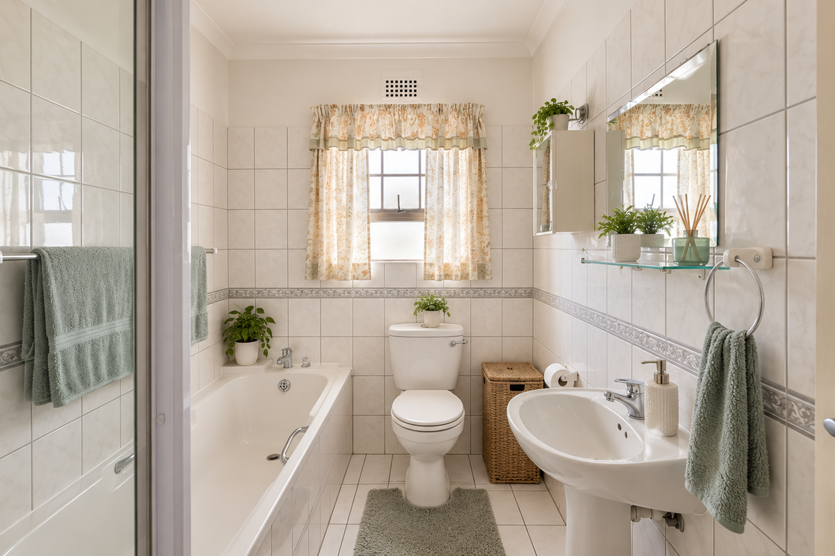 A functional bathroom featuring a bathtub, shower enclosure, pedestal basin, and neutral wall tiling, offering a clean and well-maintained space.