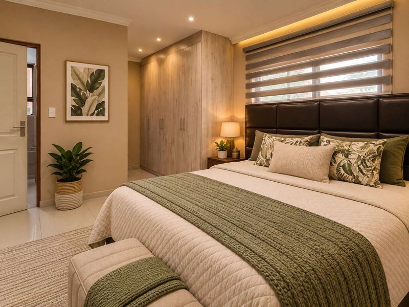 A well-appointed bedroom featuring modern built-in cupboards, recessed lighting, and neutral tiled flooring, creating a comfortable and contemporary living space.