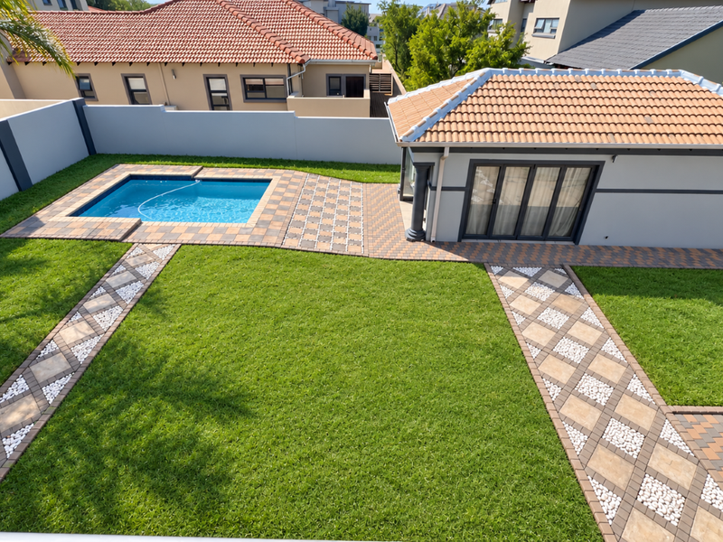 A well-maintained rear garden featuring a swimming pool, paved walkways, and a detached outbuilding with a tiled roof.