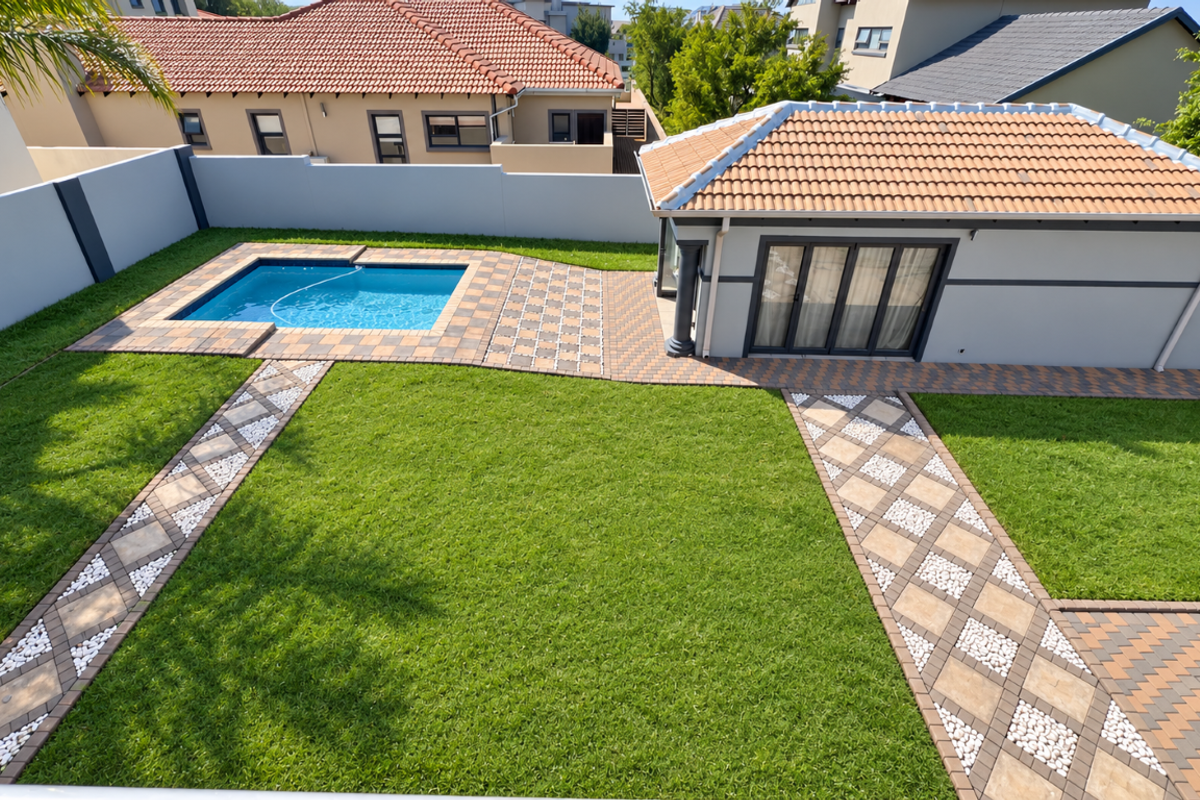 A well-maintained rear garden featuring a swimming pool, paved walkways, and a detached outbuilding with a tiled roof.
