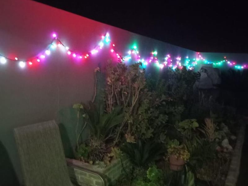 A night-time view of a garden area featuring a retaining wall and raised garden beds decorated with string lights.