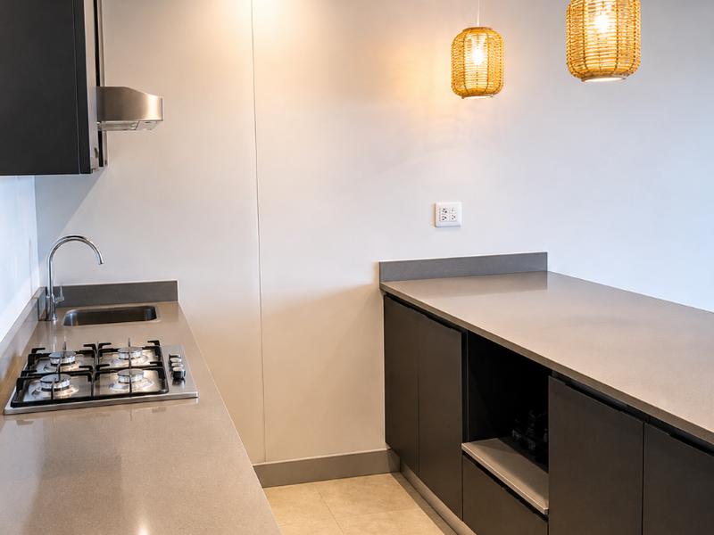 Modern kitchen featuring dark cabinetry, stone countertops, a gas hob, integrated extractor fan, and sleek tiled flooring in a clean, minimalist layout.