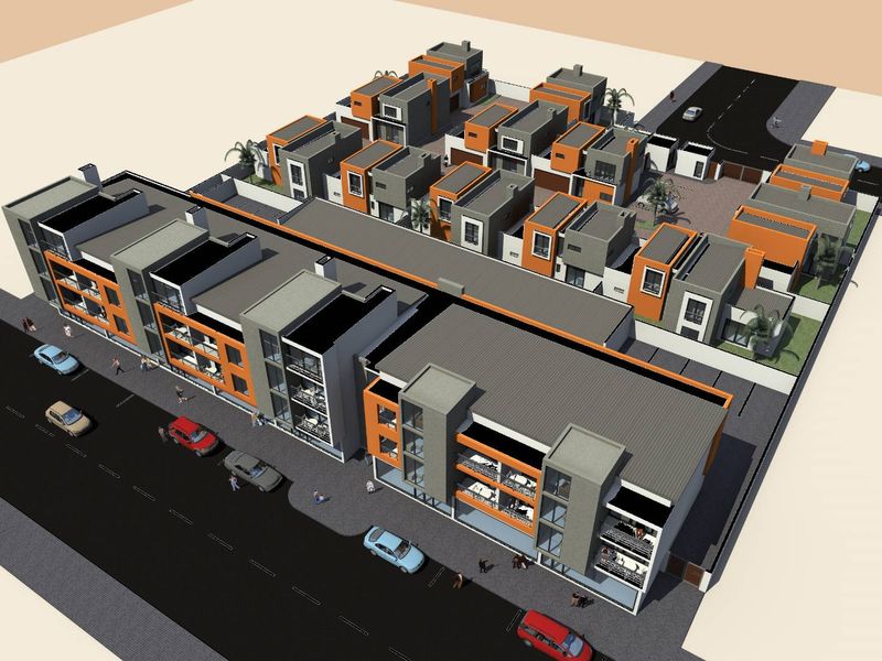 An aerial 3D architectural rendering of a modern multi-unit apartment complex with integrated parking and landscaped areas.