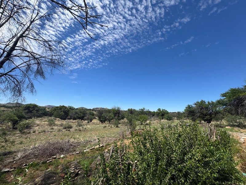 A wide-angle view of the expansive natural farm landscape featuring native trees, rocky terrain, and a clear blue sky.