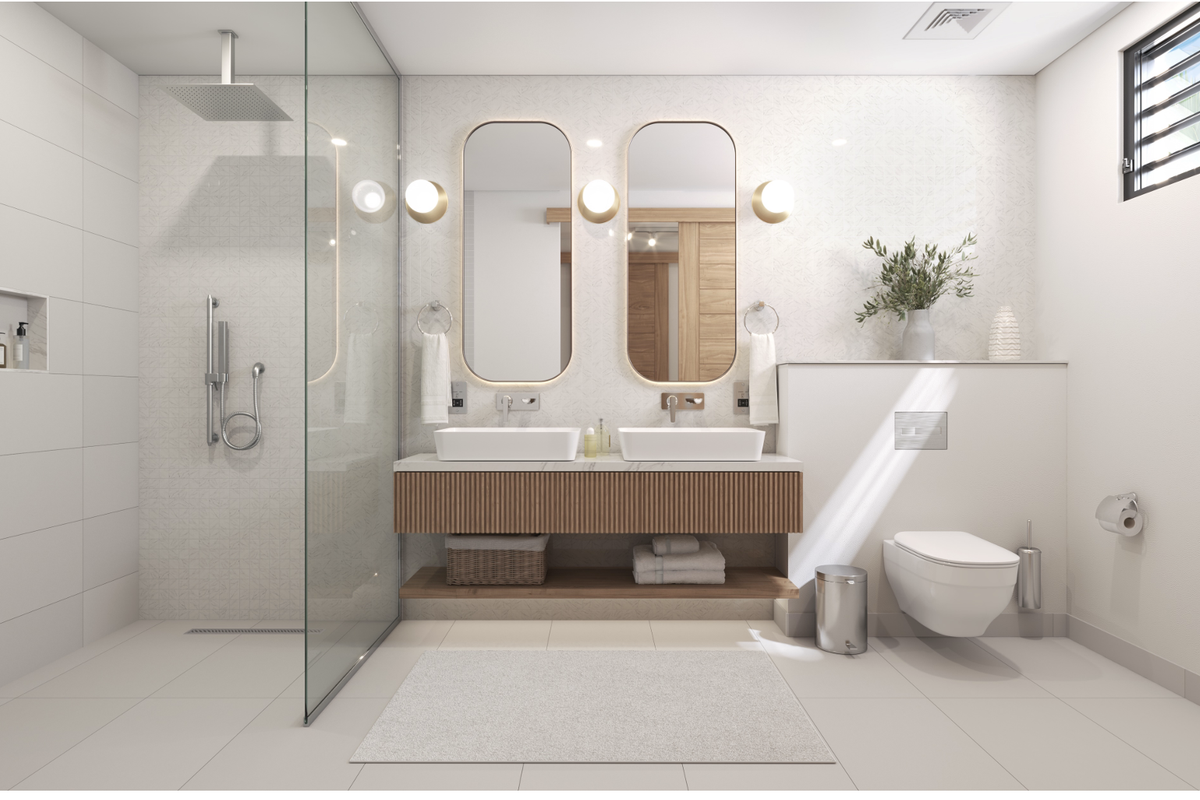 Modern bathroom featuring a double vanity with vessel sinks, a walk-in glass shower with rainfall head, and a wall-mounted toilet.