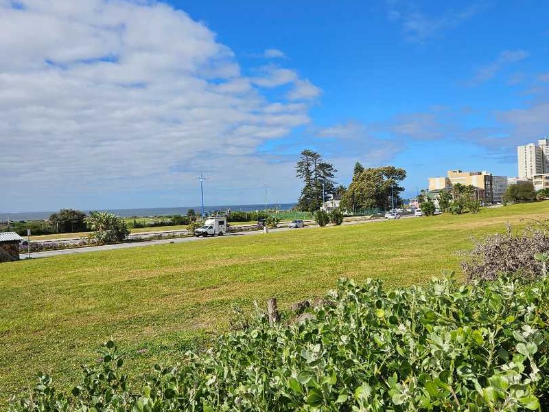 A scenic view overlooking a grassy field, coastal road, and distant ocean horizon under a clear blue sky.