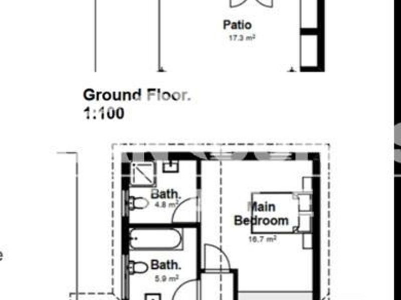 A detailed architectural floor plan showing the ground and first floor layout of the townhouse, including room dimensions and spatial configuration.