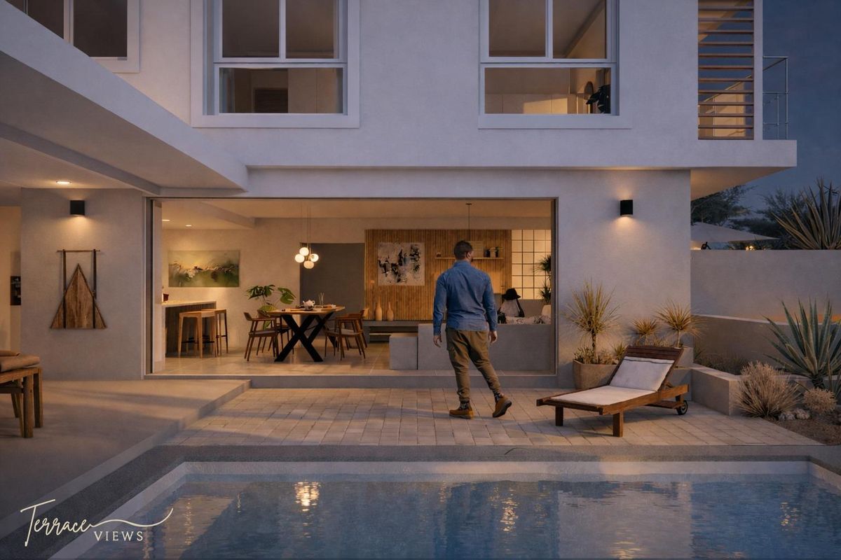 A modern townhouse rear exterior featuring a paved patio area, swimming pool, and seamless indoor-outdoor flow through large sliding glass doors.