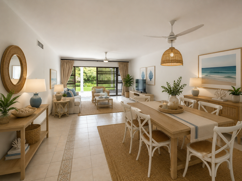 Spacious open-plan living and dining area featuring tiled floors, ceiling fans, and large sliding glass doors leading to a private garden patio.