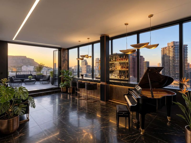 Sophisticated bar area featuring high-end marble flooring, integrated bar shelving, and floor-to-ceiling windows with panoramic city and mountain views.