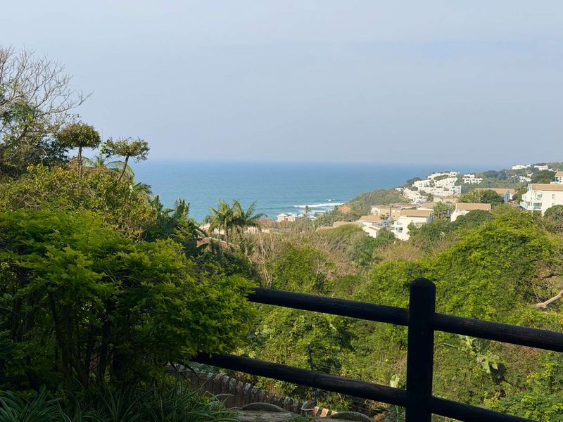 A scenic elevated view overlooking the coastal landscape, lush greenery, and distant residential properties.