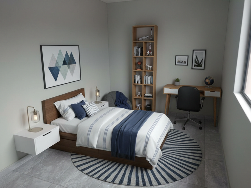 A modern, well-lit bedroom featuring neutral wall tones, large format floor tiles, and a large window providing natural light.