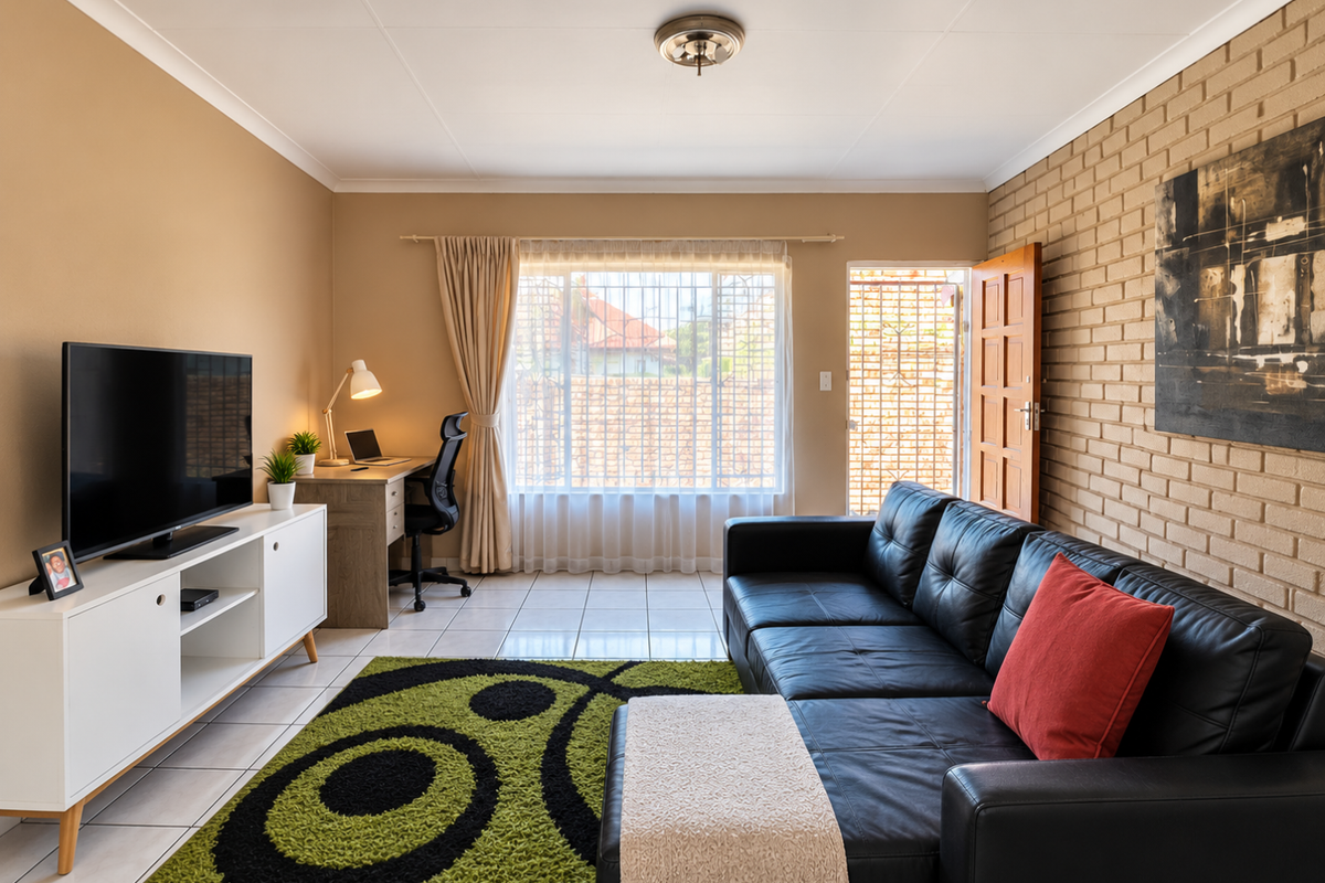 A well-maintained living room featuring a distinctive exposed brick feature wall, tiled flooring, and direct access to an exterior security gate.