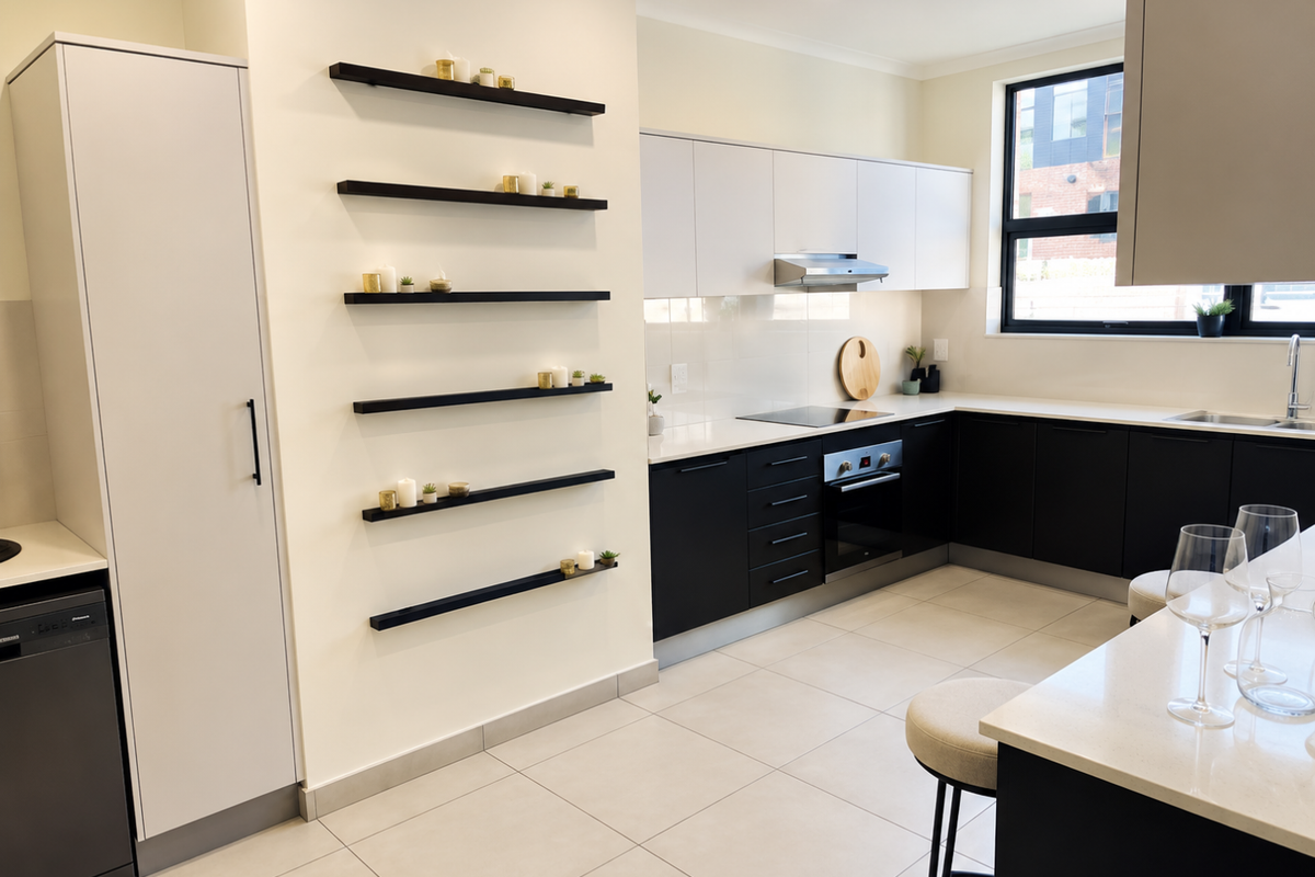Modern kitchen featuring sleek black and white cabinetry, stone countertops, integrated appliances, and minimalist floating shelving, complemented by large format floor tiles.