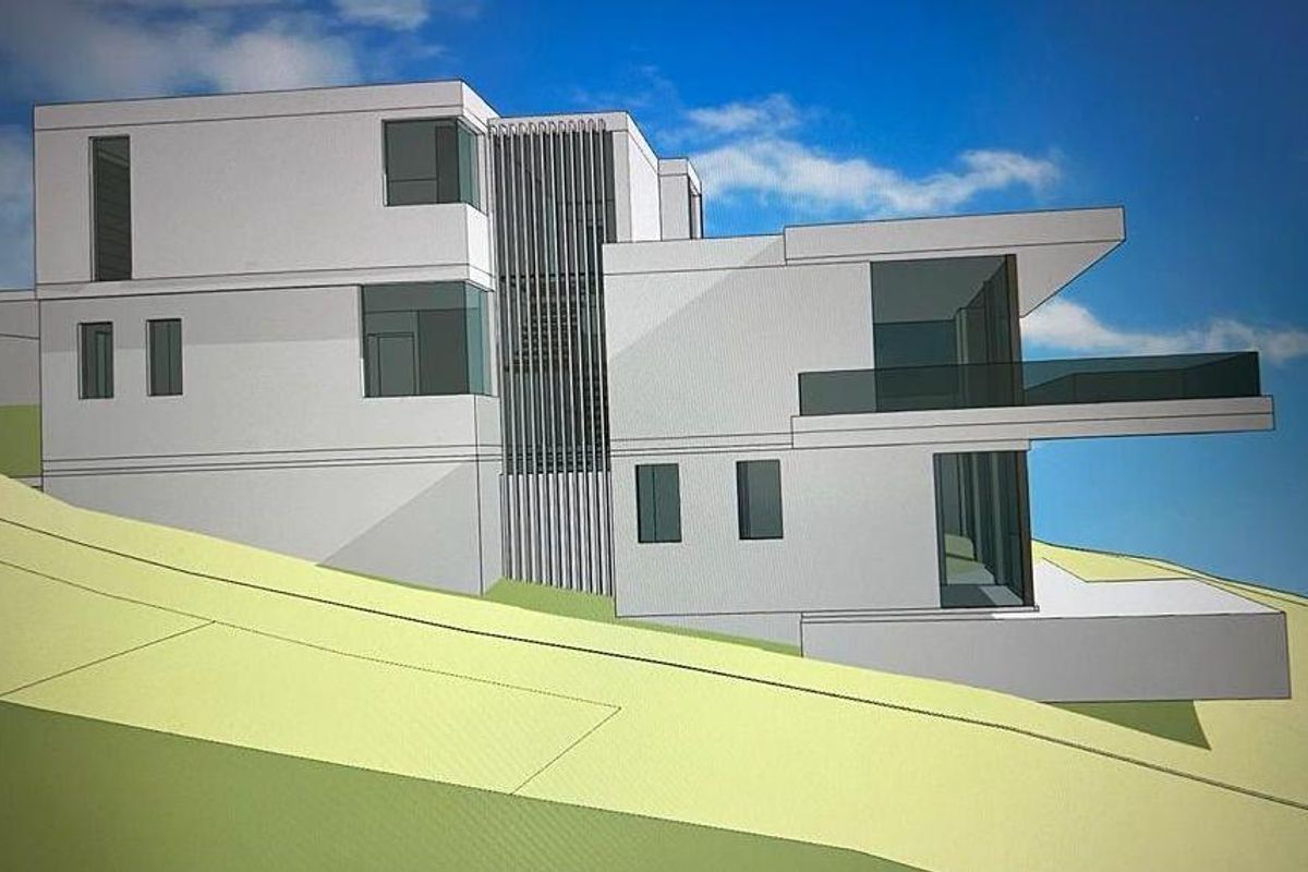 A 3D architectural rendering of a modern multi-level residential property featuring clean lines, glass balconies, and a contemporary facade design.