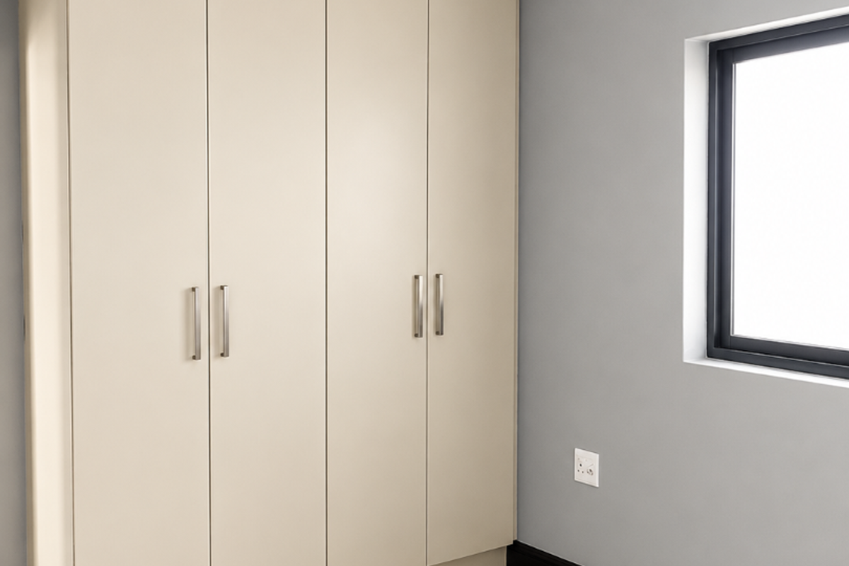 A clean, modern bedroom featuring neutral-toned built-in wardrobes, tiled flooring, and grey walls with contrasting black skirting boards.