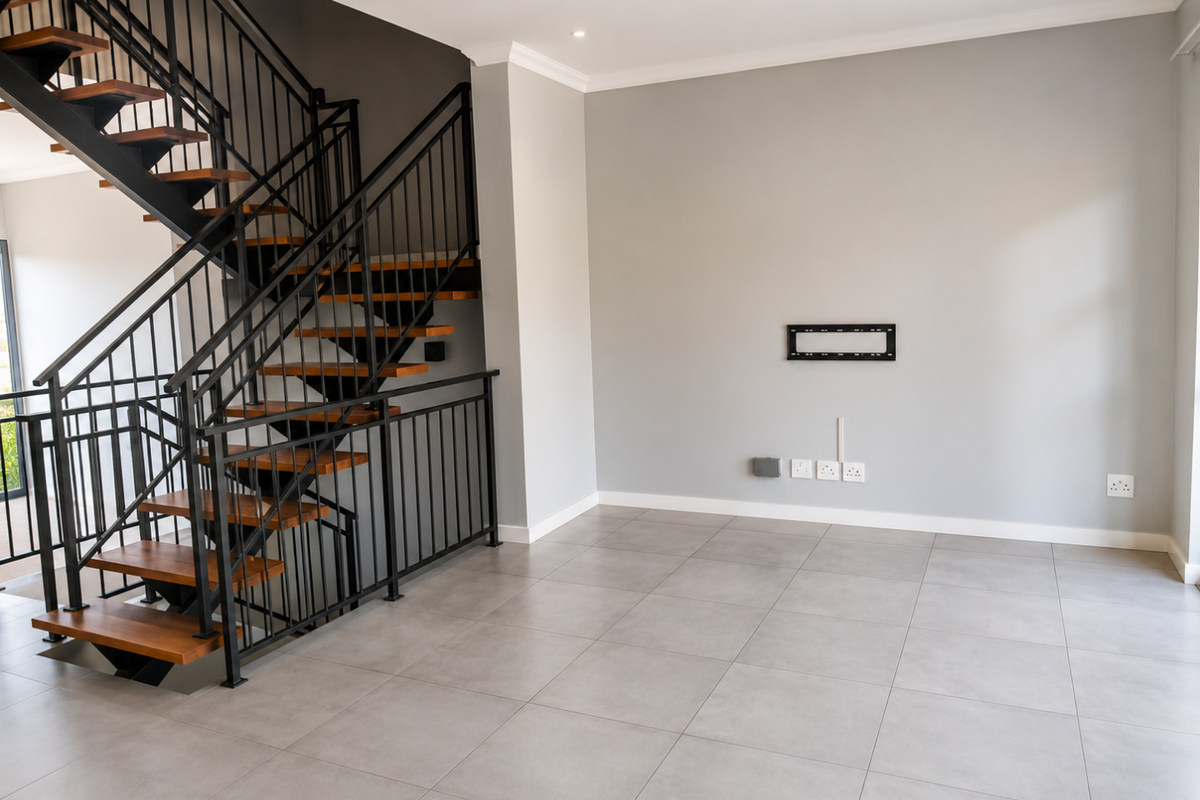 A bright, modern living area featuring a striking open-tread staircase with metal balustrades, neutral tiled flooring, and a wall-mounted TV bracket.