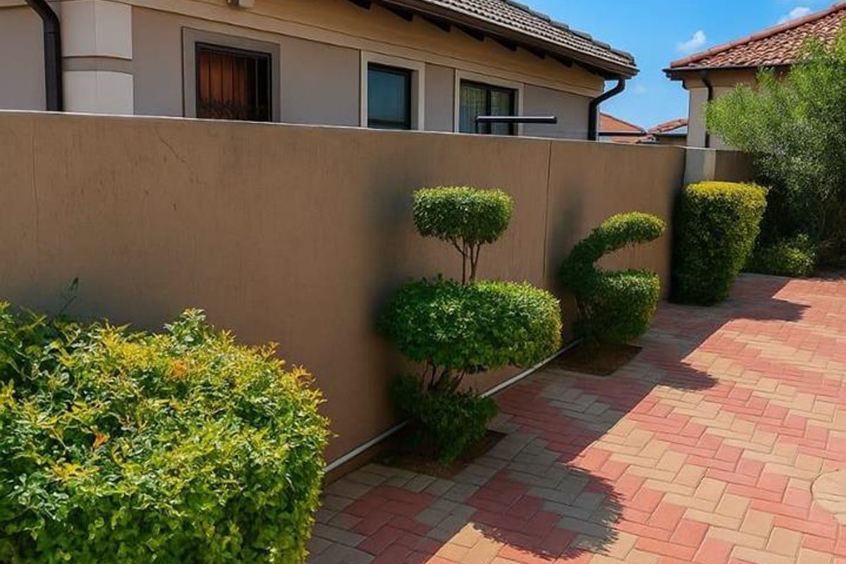 A well-maintained rear exterior area featuring paved flooring, a solid boundary wall, and neat landscaping against the house facade.