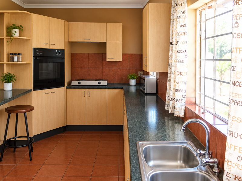 A functional kitchen featuring light wood cabinetry, dark countertops, a double basin sink, built-in oven, and hob, complemented by terracotta floor tiles.
