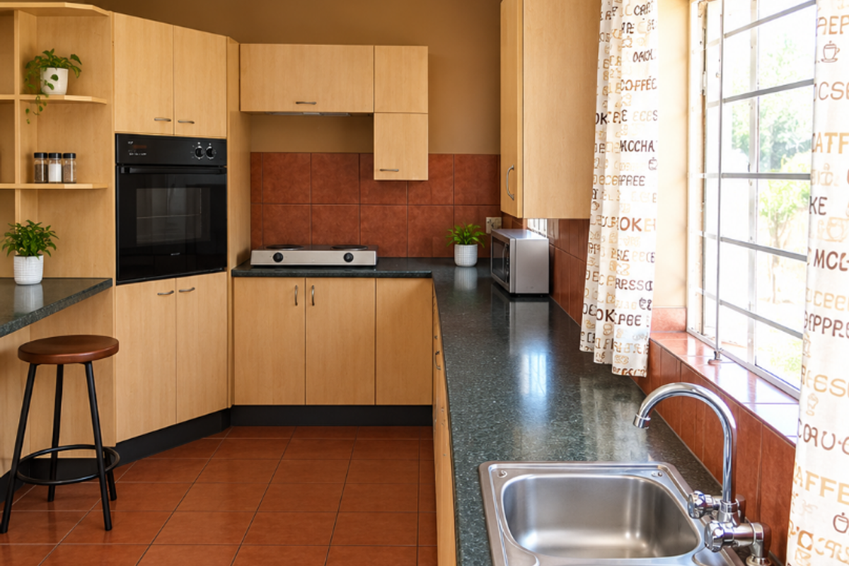 A functional kitchen featuring light wood cabinetry, dark countertops, a double basin sink, built-in oven, and hob, complemented by terracotta floor tiles.