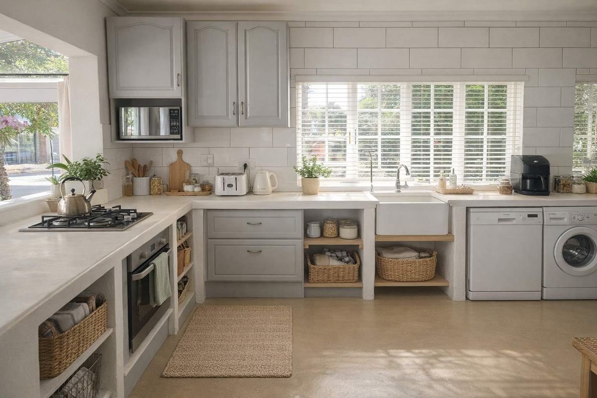 A bright, well-maintained kitchen featuring light grey cabinetry, a farmhouse-style sink, built-in oven, gas hob, and integrated laundry appliance space.