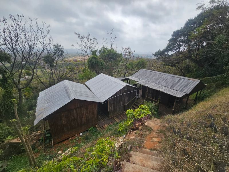 Elevated view of rustic timber structures with corrugated metal roofing, featuring wooden decking and stone stairs set within a natural hillside landscape.