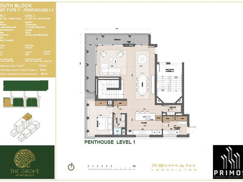 Architectural floor plan for Penthouse Level 1, detailing the layout of the kitchen, living area, bedroom, en-suite bathroom, and terrace.