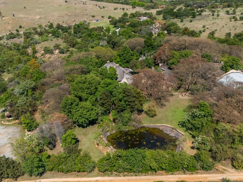 Aerial view of a small holding property featuring a thatched roof residence, mature landscaping, and a natural pond set within a rural landscape.