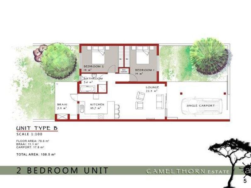 Architectural floor plan for a two-bedroom unit at Camelthorn Estate, featuring a lounge, kitchen, bathroom, braai area, and single carport.