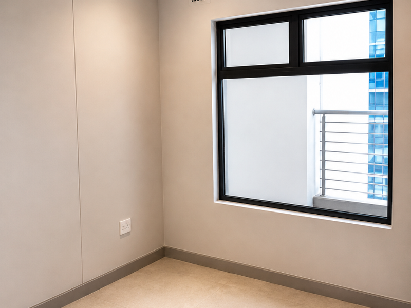 A clean, empty bedroom featuring neutral tiled flooring, modern black aluminium window frames, and recessed ceiling lighting.