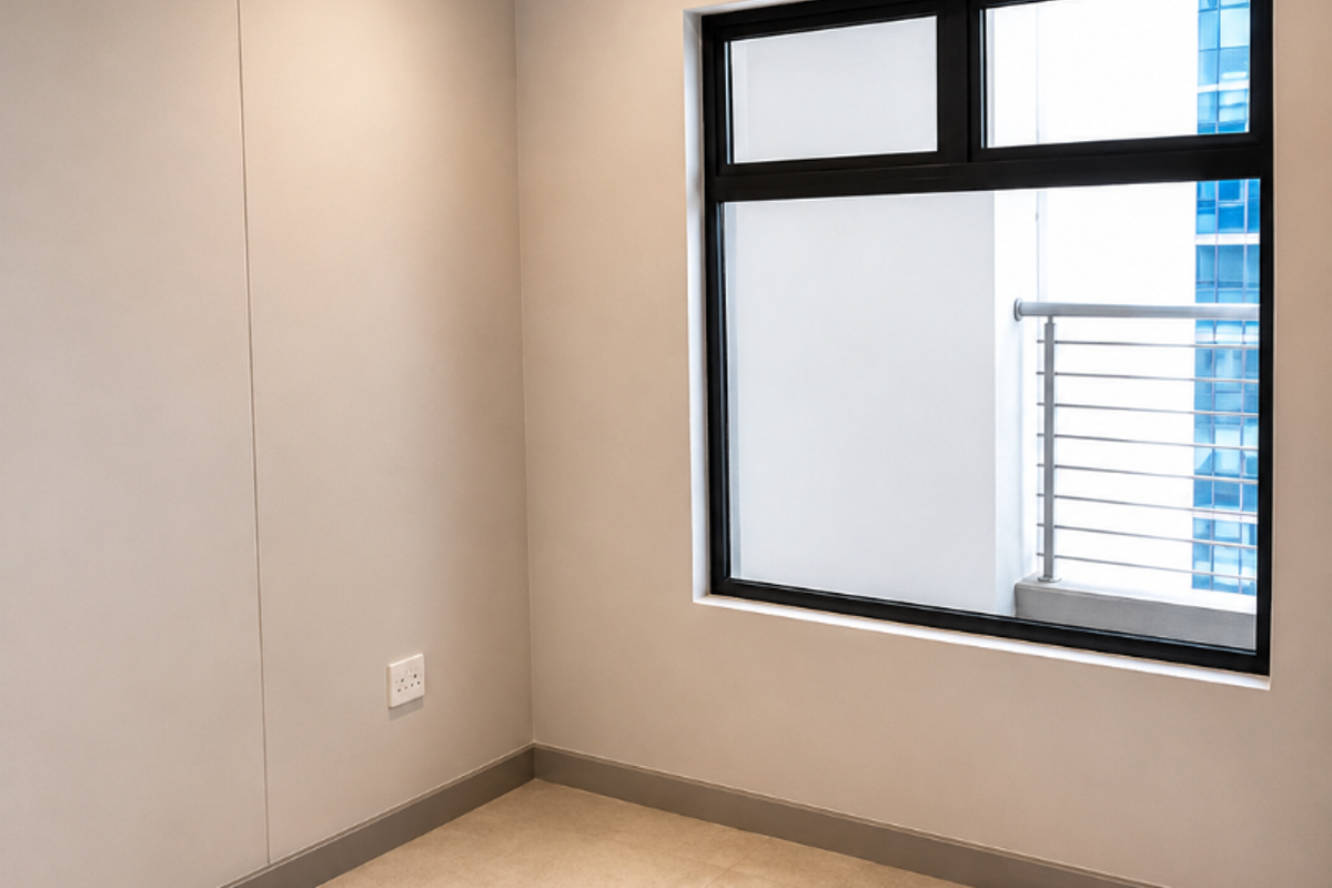 A clean, empty bedroom featuring neutral tiled flooring, modern black aluminium window frames, and recessed ceiling lighting.