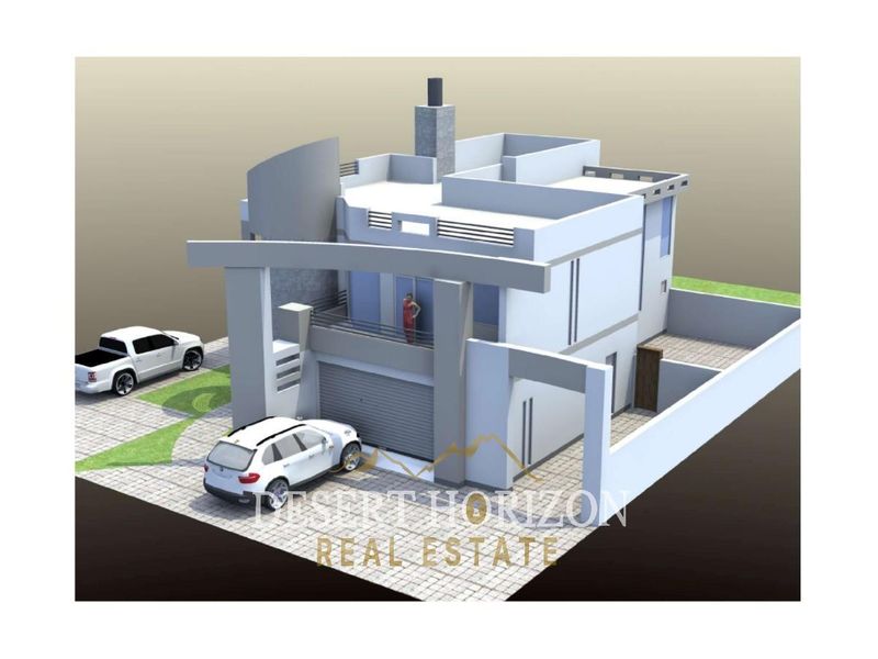 A 3D architectural rendering of a modern residential property design, showcasing the exterior structure, garage, and balcony layout.