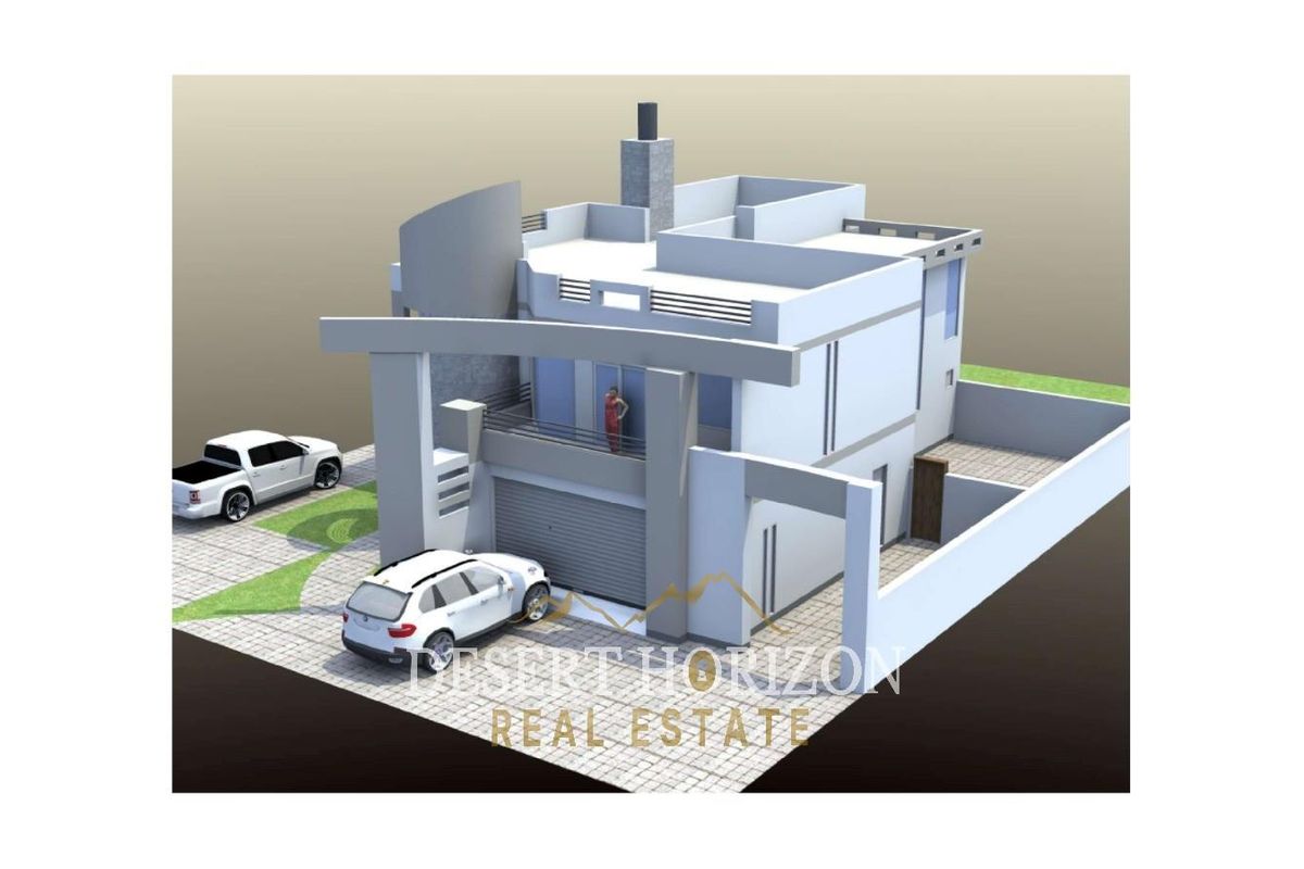 A 3D architectural rendering of a modern residential property design, showcasing the exterior structure, garage, and balcony layout.