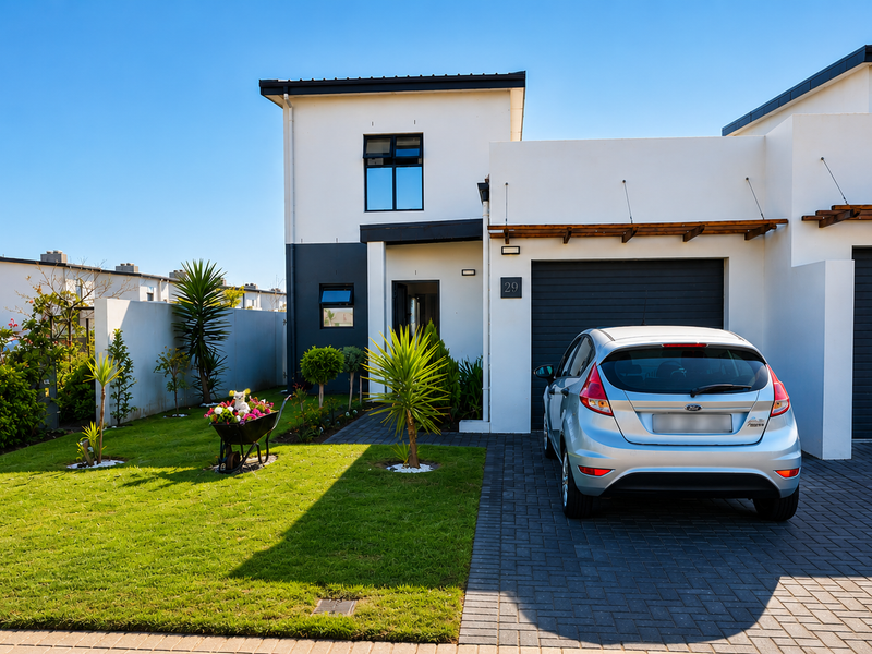 Modern townhouse exterior featuring a paved driveway, single garage, and well-maintained front garden with contemporary architectural finishes.