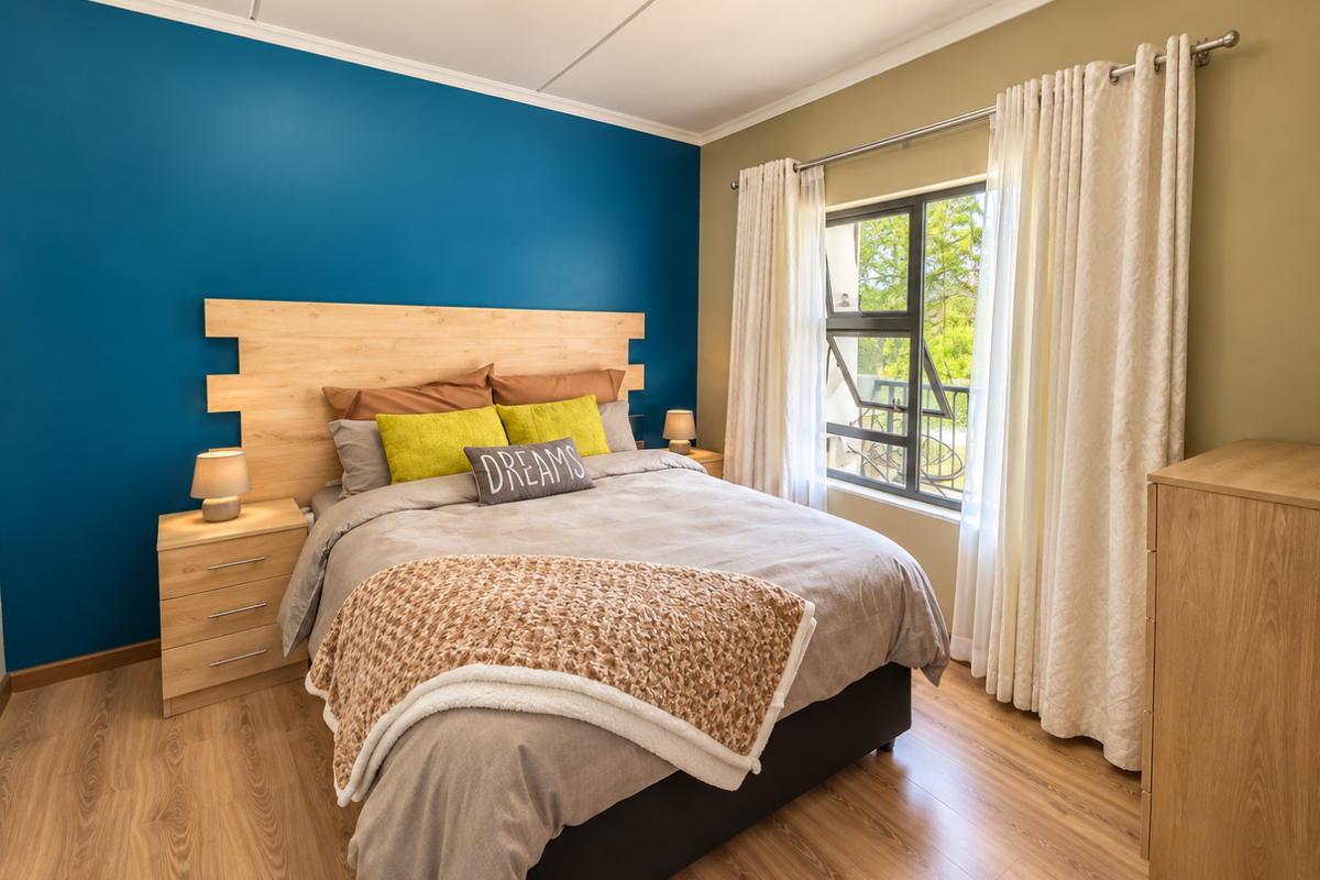 A well-maintained bedroom featuring laminate flooring, a large window with curtain rod, and a blue accent wall.