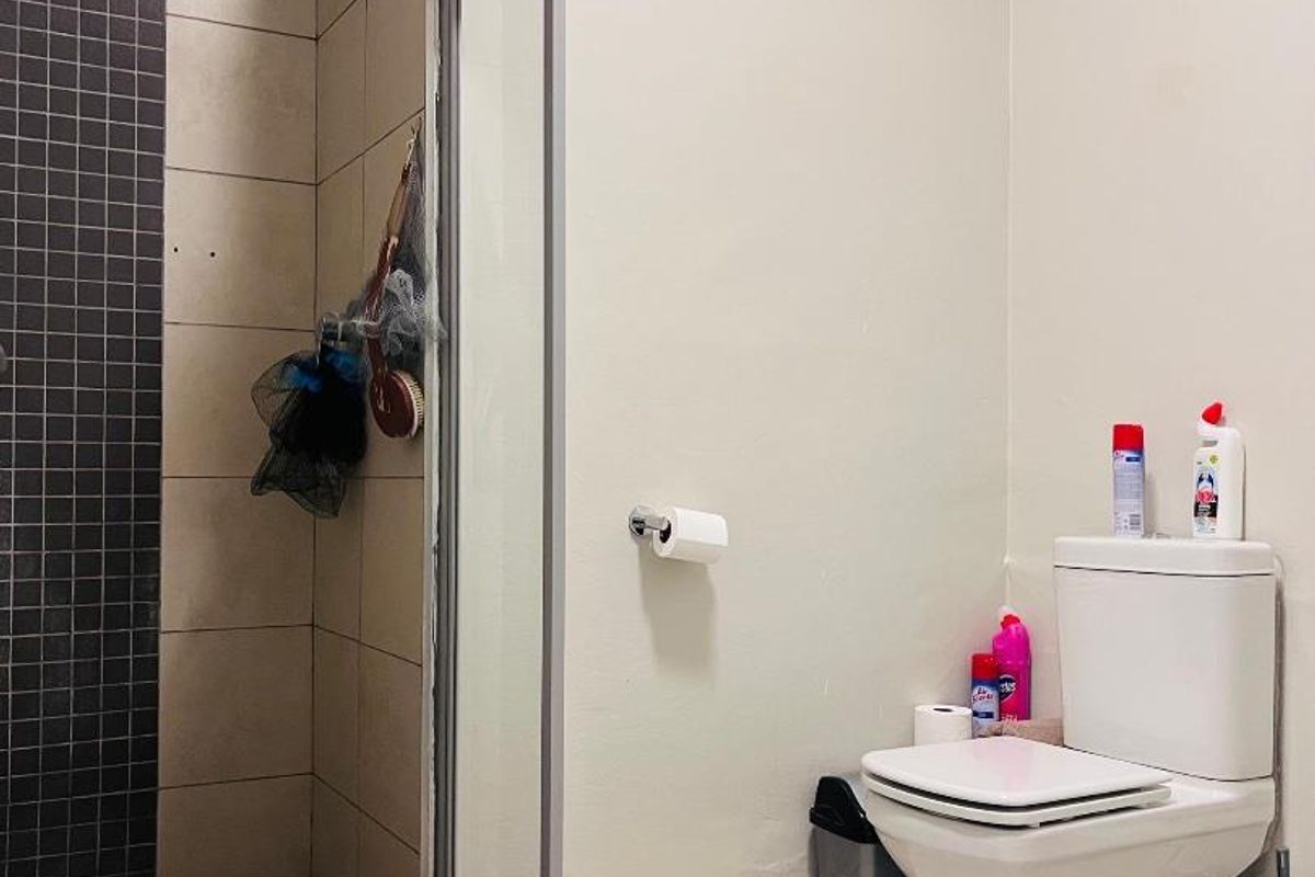 A functional bathroom featuring a glass-enclosed shower with dark mosaic tiling and a standard white toilet suite.