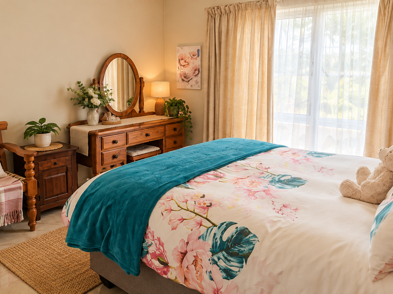 A well-maintained bedroom featuring tiled flooring and a large sliding glass door that provides natural light and access to the exterior.