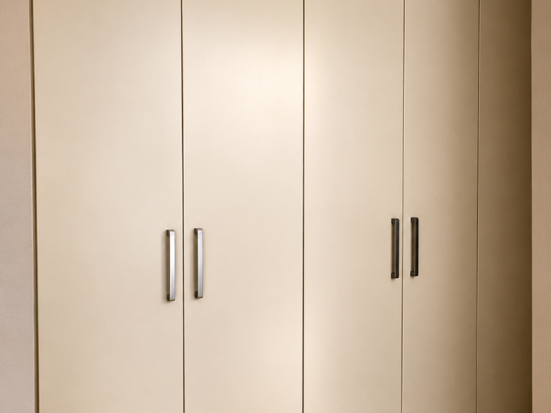A clean, modern bedroom featuring floor-to-ceiling built-in cupboards with neutral finishes and tiled flooring.