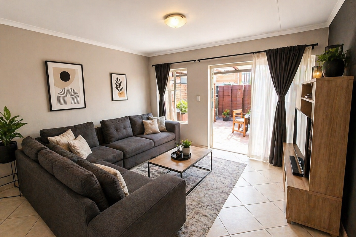 A bright living room featuring tiled flooring and direct access to an outdoor patio area through sliding glass doors.
