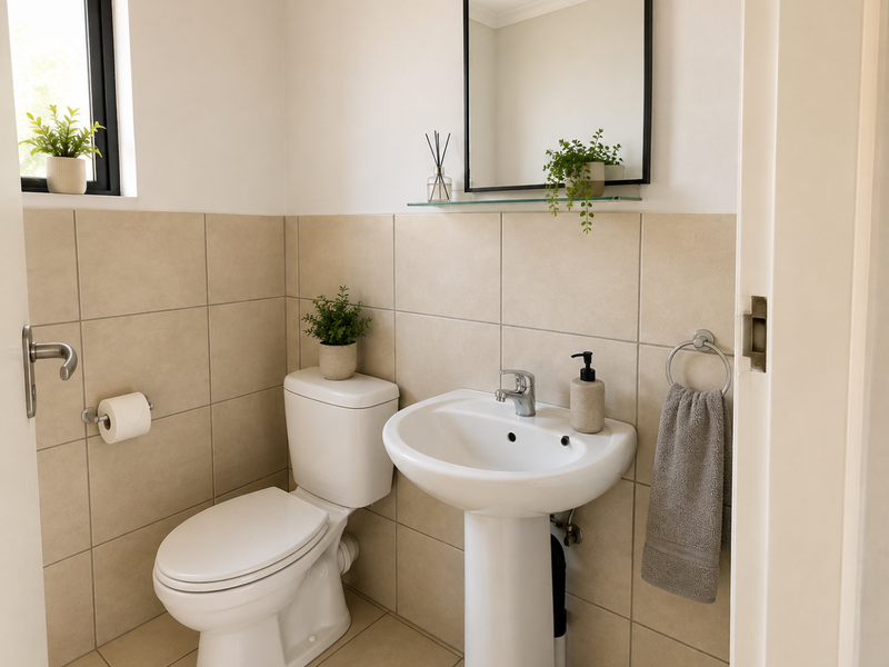 A clean and functional bathroom featuring a pedestal basin, toilet, wall-mounted mirror, and neutral wall tiling.