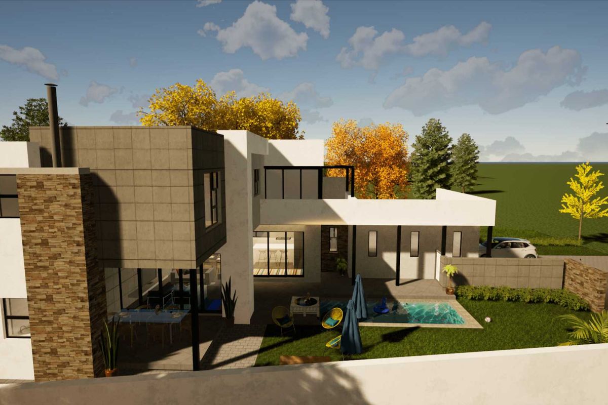 An aerial view of a modern architectural house design featuring a swimming pool, patio area, and contemporary exterior finishes.